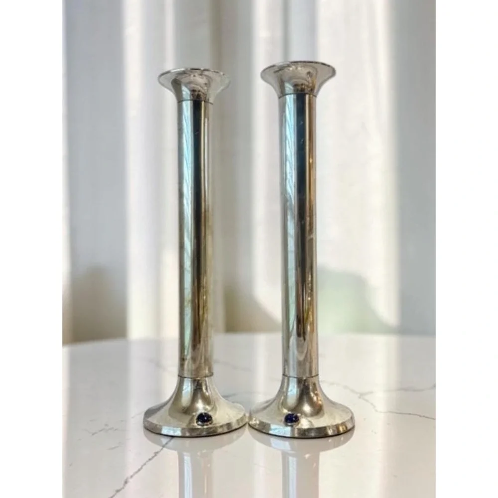 Vintage MCM Silver Plated Cylinder Candle Holders Cabochon Stone Accented Base